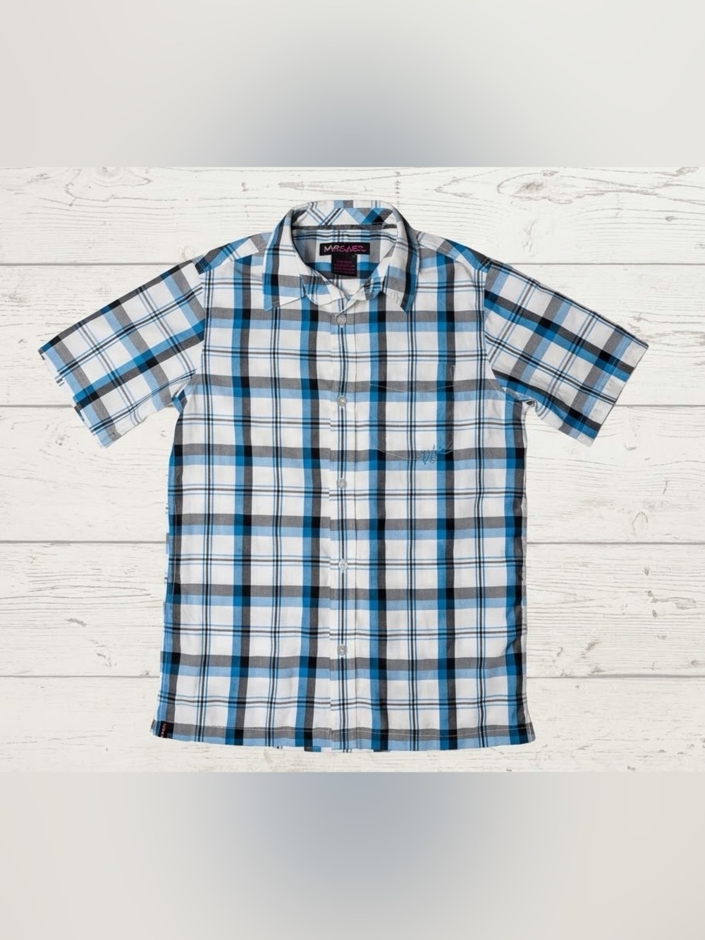 Tony Hawk Boys Plaid Button Down Shirt Size 10/12 Blue White Short Sleeve Skater